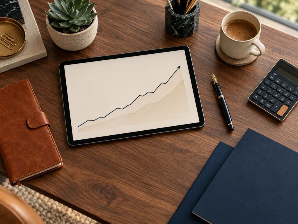 Tax planning workspace with a tablet showing a growth chart